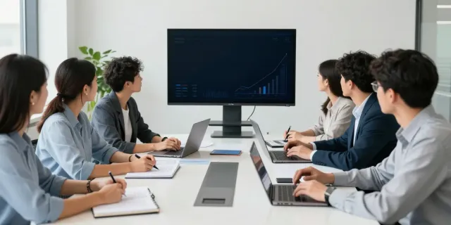 Equipe de profissionais em reunião no escritório, discutindo soluções bpi empresas.