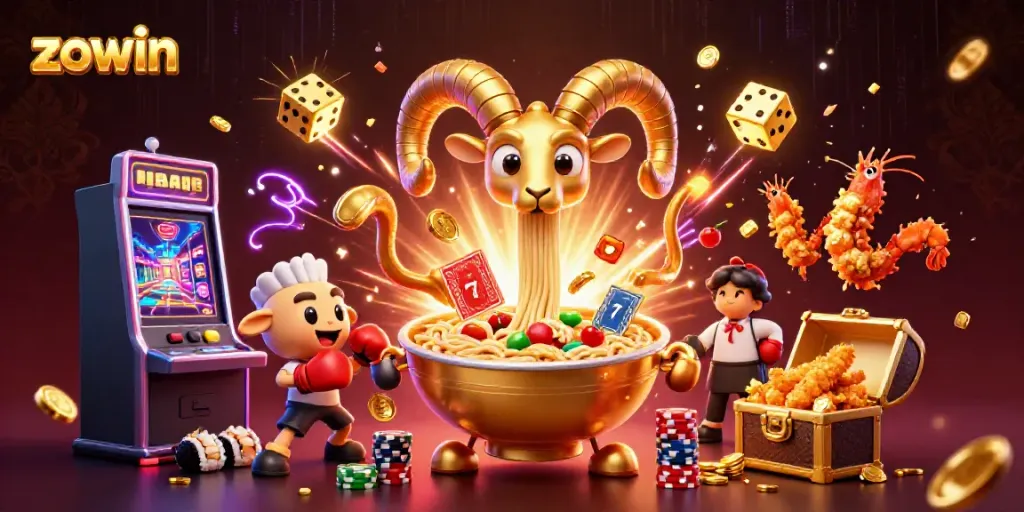Zowin online casino illustration with vibrant characters and jackpot elements in a dynamic scene.