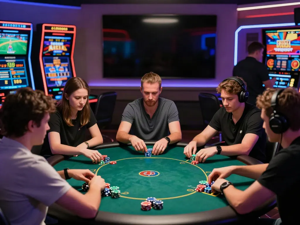 Dewacash Asia gaming lounge with diverse players enjoying poker at a vibrant table.