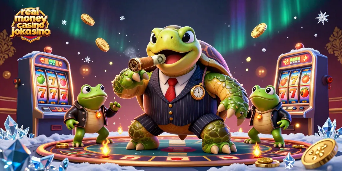 Experience thrilling real money casino jokacasino fun as you encounter a playful turtle and bullfrogs enjoying slot games!