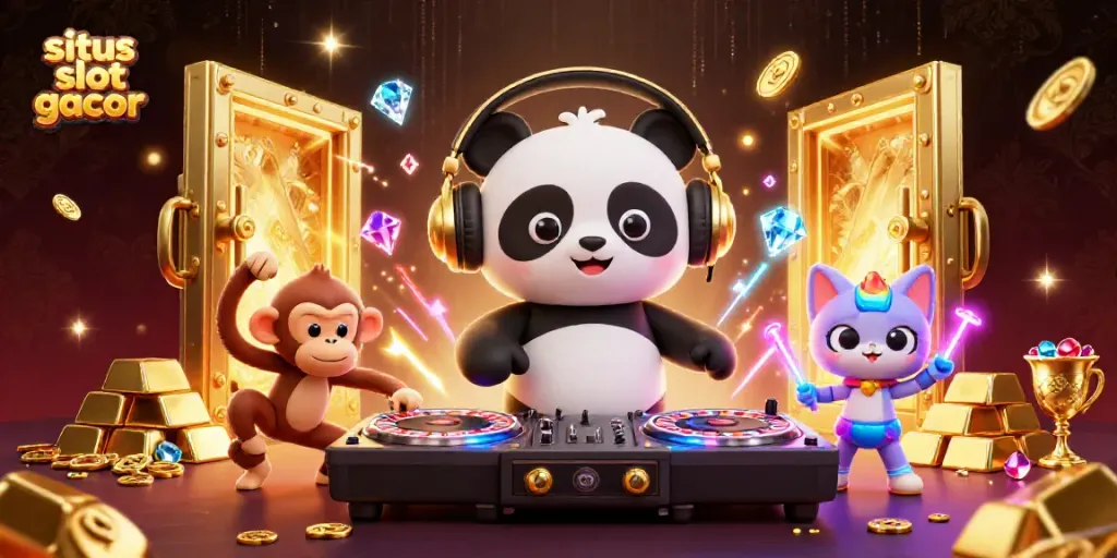 Engaging 3D illustration of situs slot gacor featuring a DJ panda, dancing monkey, and rave kitten.