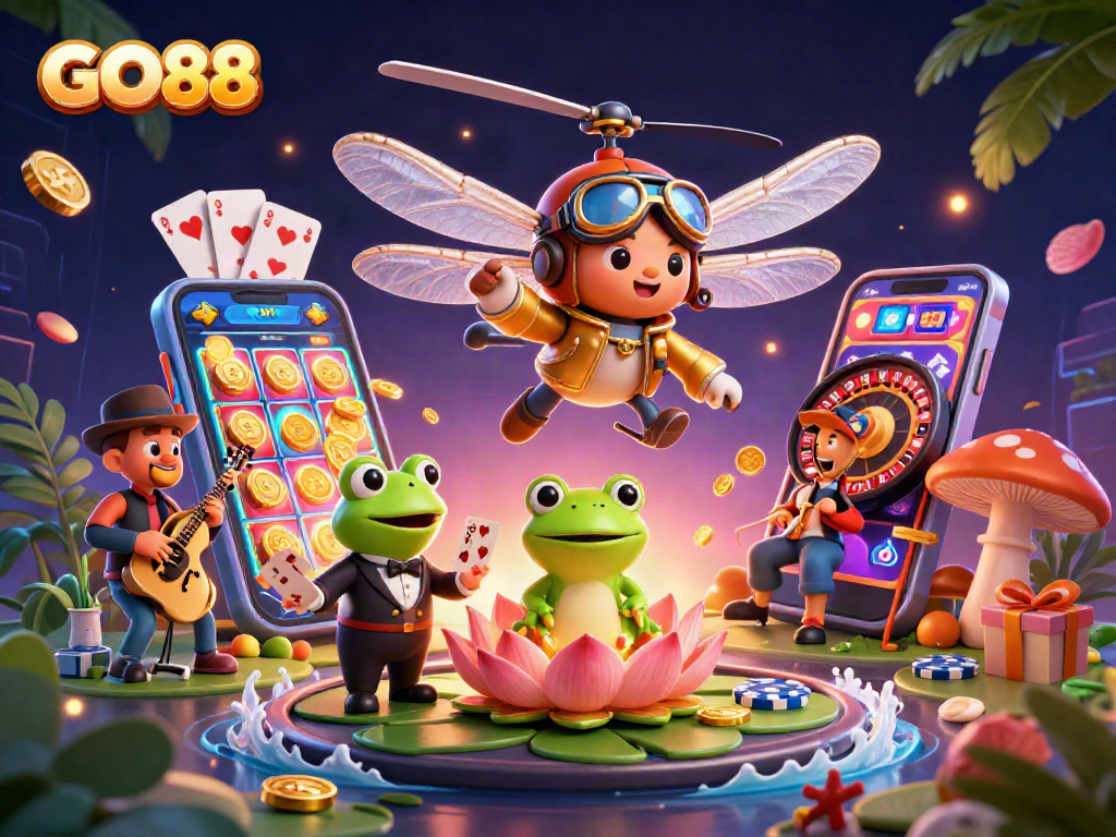 Engage with GO88's thrilling casino experience featuring a vibrant dragonfly pilot and dazzling game elements.