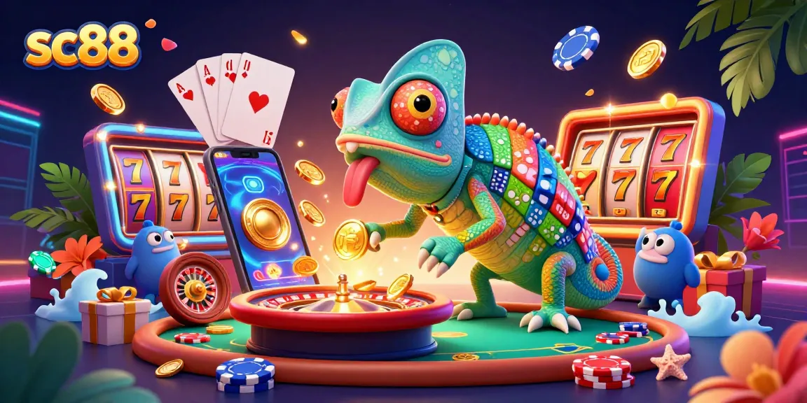Engage with sc88's dynamic casino world, featuring a chameleon owner and vibrant gaming elements.