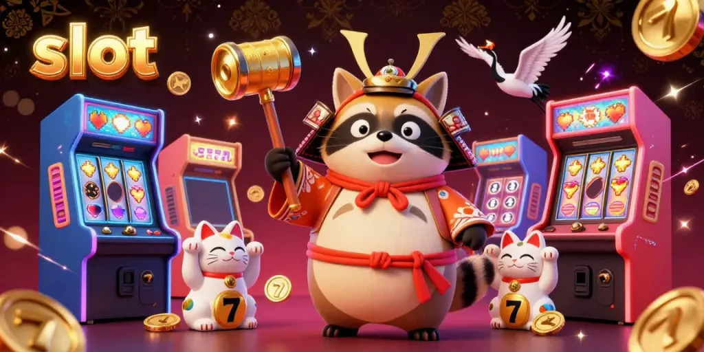 Join the fun at slot games with a cheerful tanuki and maneki-neko in a vibrant casino scene.