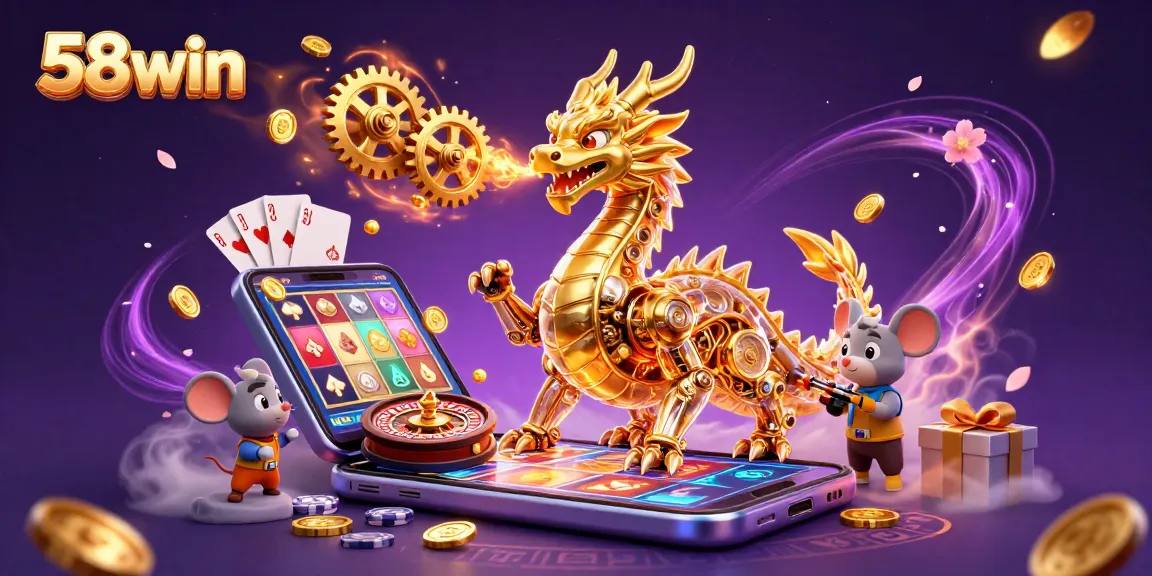 Experience vibrant action with the golden dragon at 58win, amid colorful slots and treasures.