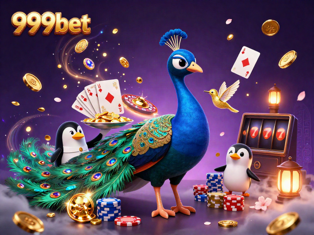 Experience the vibrant 999bet casino world with a peacock, penguin, and hummingbird amidst sparkling gems and coins.
