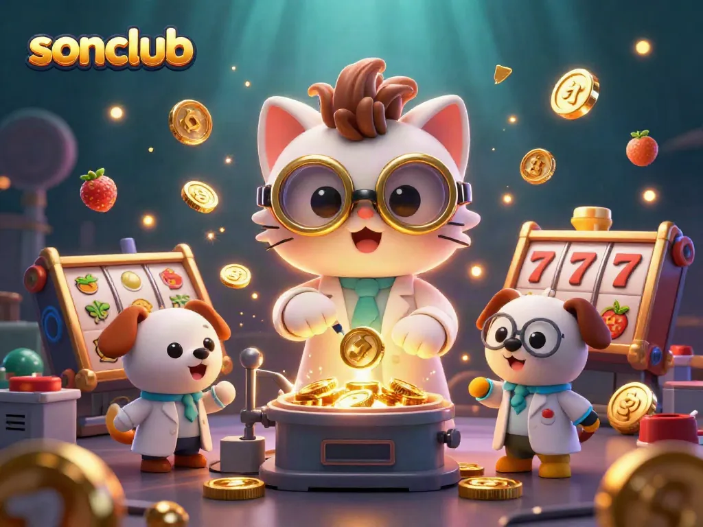 Experience exciting gaming action with SONCLUB, featuring vibrant slot machines and friendly characters.