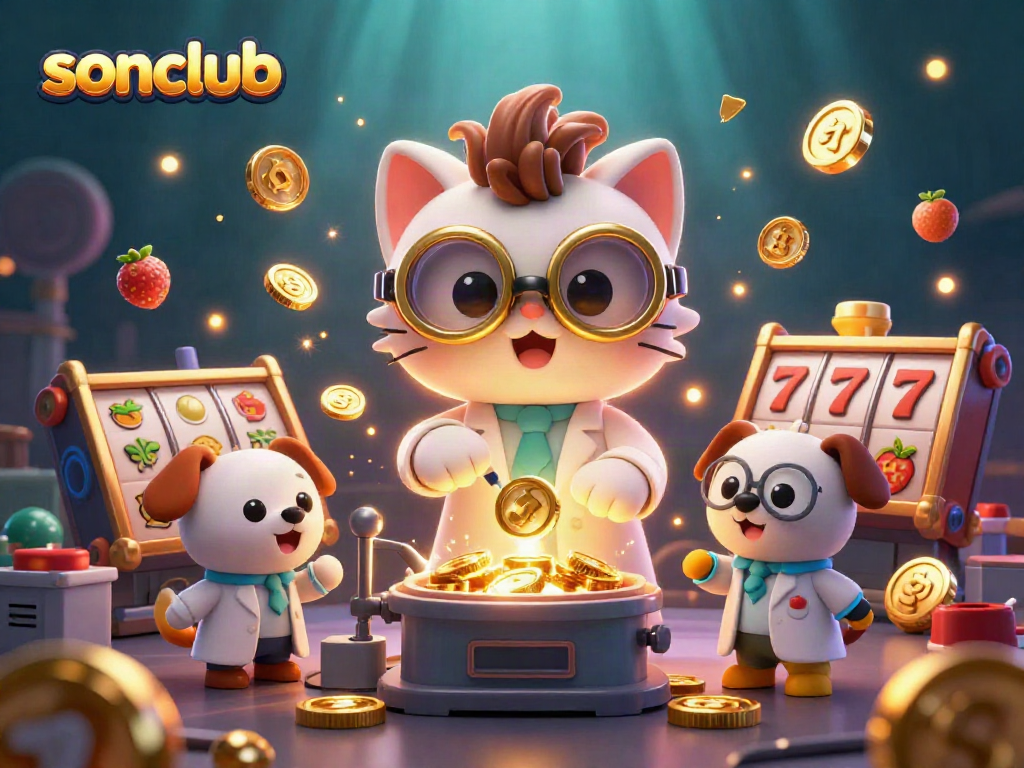 Experience exciting gaming action with SONCLUB, featuring vibrant slot machines and friendly characters.