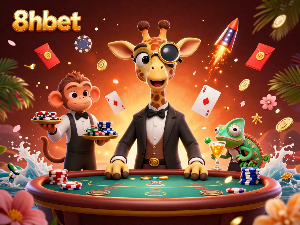 Experience thrilling moments with 8xbet in a vibrant casino illustration featuring dynamic characters and rich details.