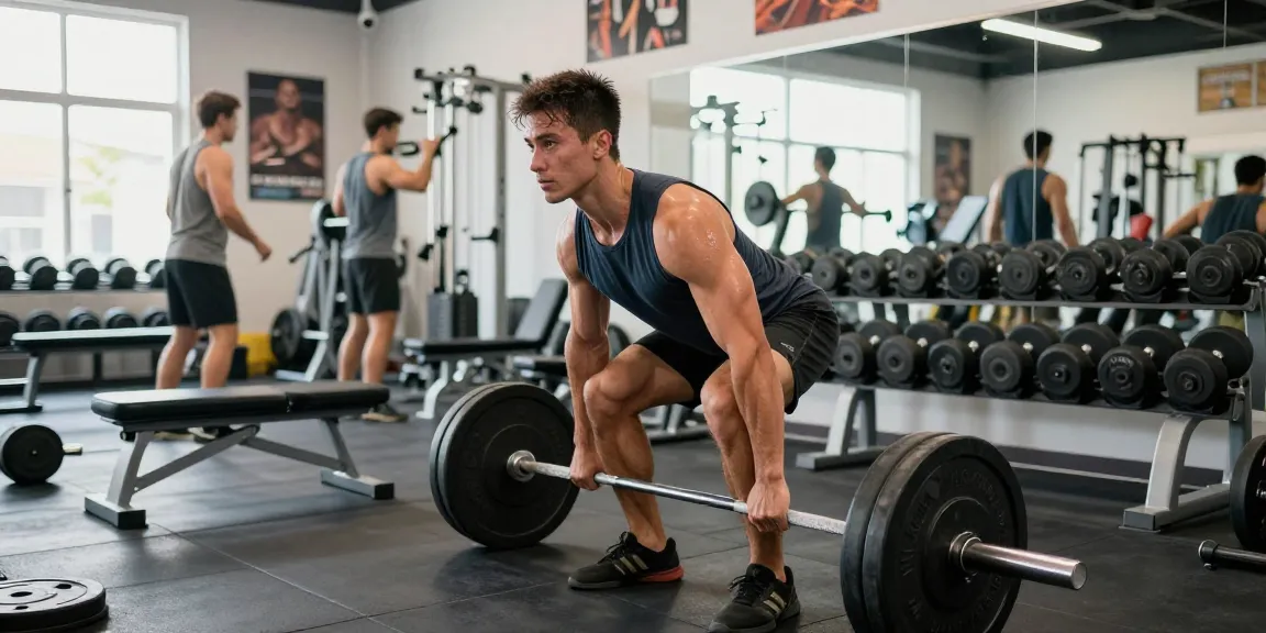 Prime Pharma Steroide in einer energiegeladenen Fitnessszene mit einem Bodybuilder, der Gewichte hebt, umgeben von Fitnessgeräten und motivierenden Elementen.