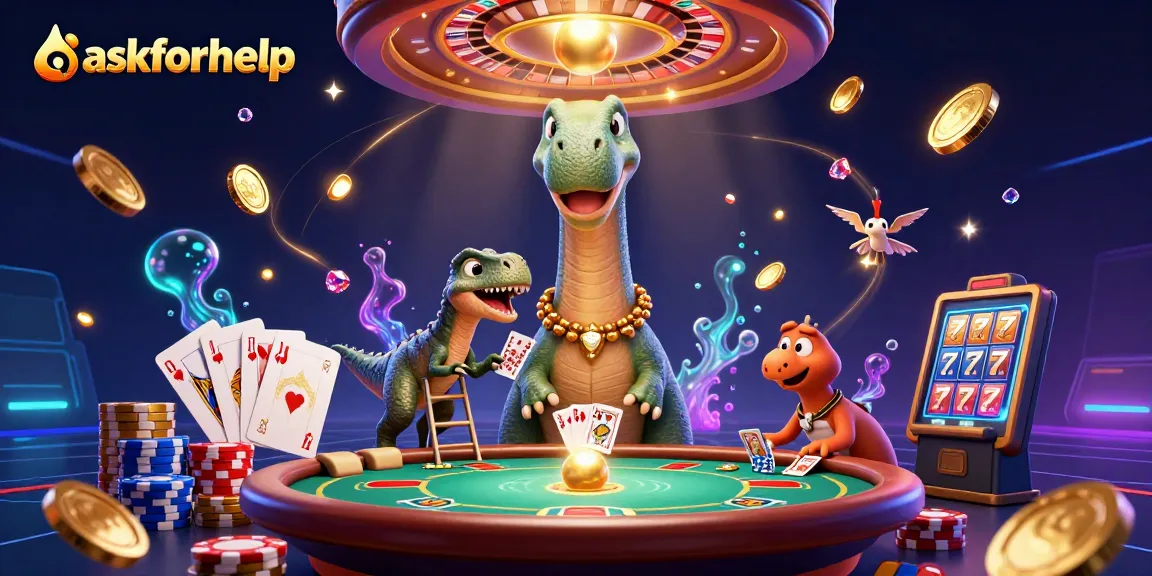Engage with the vibrant casino scene featuring the askforhelp brand amidst a brontosaurus and raptor.