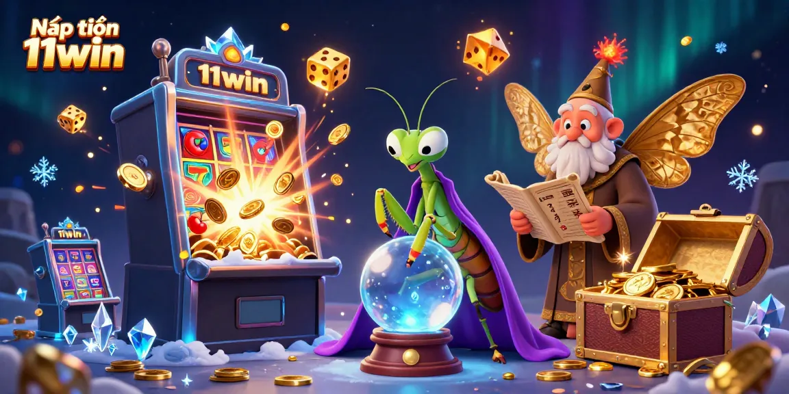 Nạp tiền 11win scene featuring a mystical fortune teller, librarian, and gaming elements bursting with action