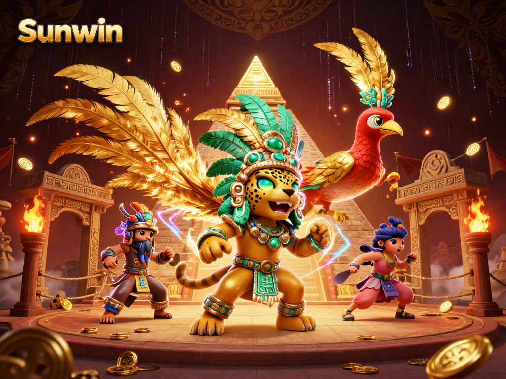 Win big with Sunwin's vibrant 3D illustration showcasing dynamic casino elements and epic characters.