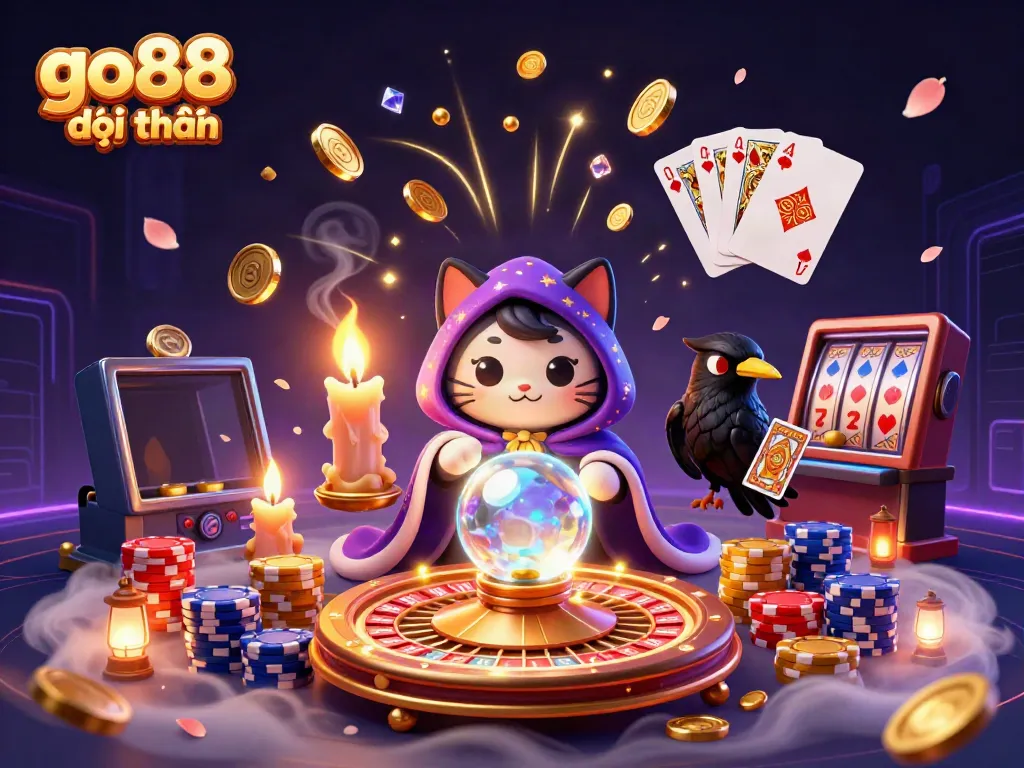 Experience go88 đổi thưởng in this vibrant casino scene showcasing adventure and excitement through a mystical cat, raven, and gambling elements.