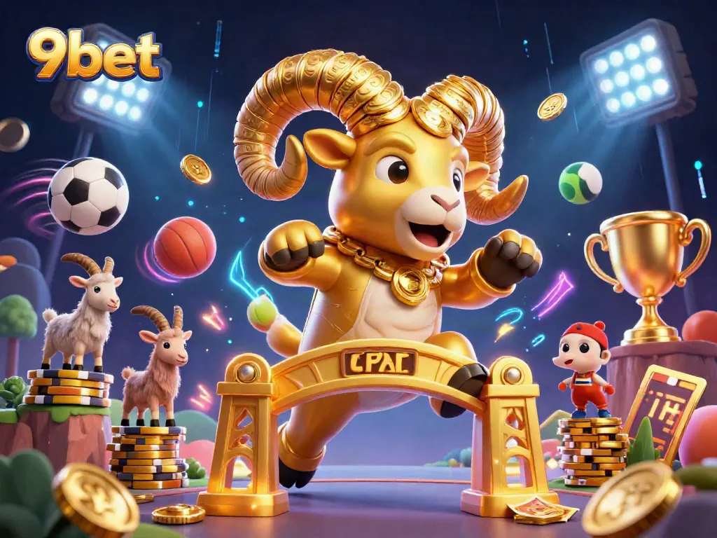 Experience the thrill of 9bet sports betting with a dynamic illustration of a golden ram, sports balls, and vibrant effects.