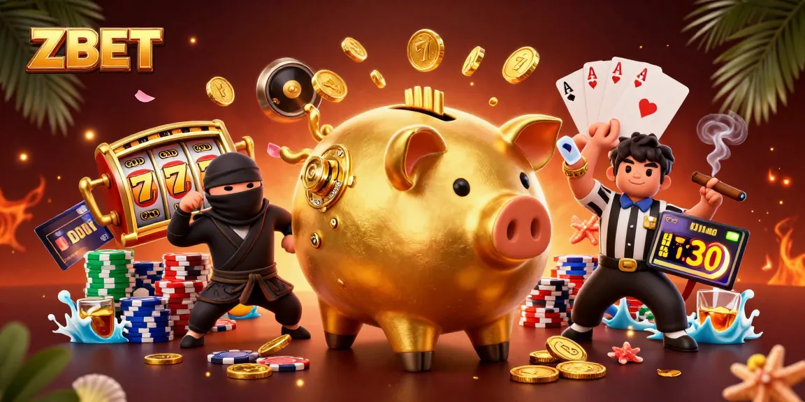 ZBET showcases dynamic casino action with a sumo wrestler and ninja in a lively gambling scene.