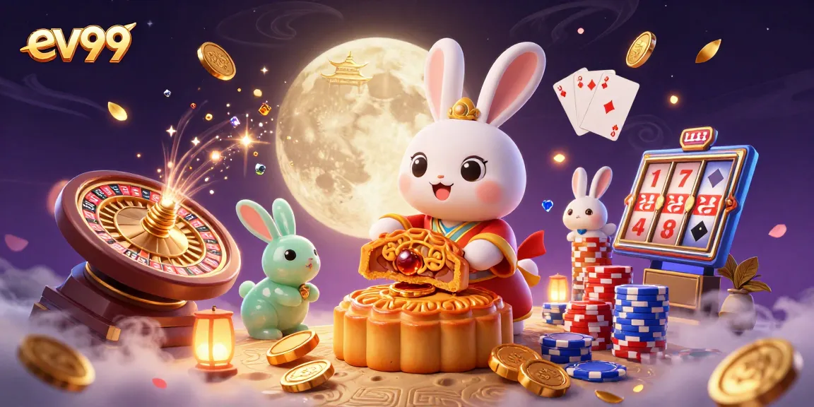 ev99 showcases a magical moon casino scene with a rabbit revealing poker chips, surrounded by casino elements.