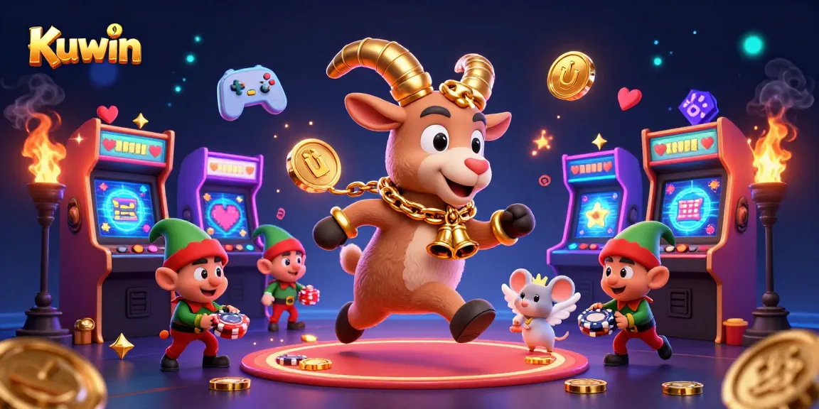 Kuwin's festive casino scene featuring cartoon gremlins stealing poker chips amidst colorful game machines.
