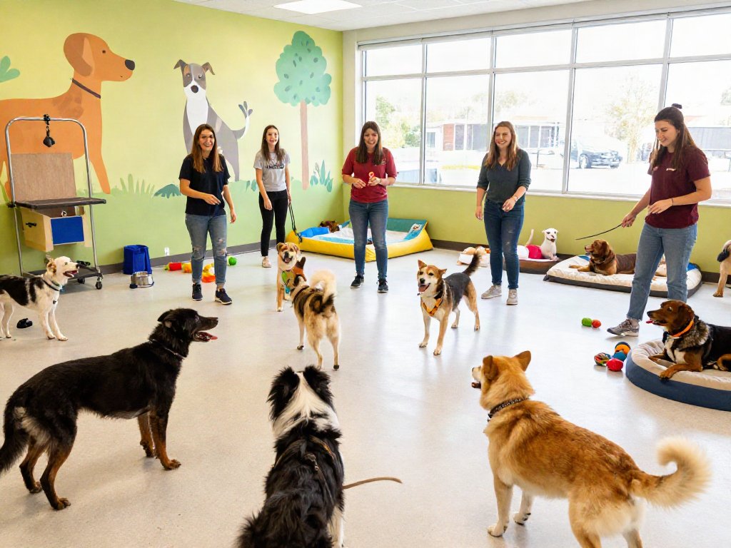 Engaging scene at a dog daycare with staff and happy dogs playing, key elements like toys and sunlit space, showcasing slot 10k benefits.