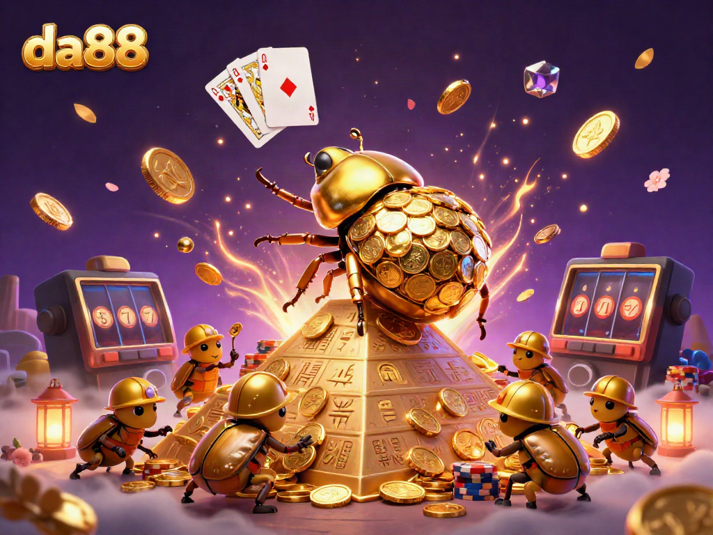 Experience an exciting scene of da88 with golden coins, vibrant casino symbols, and dynamic gameplay elements.