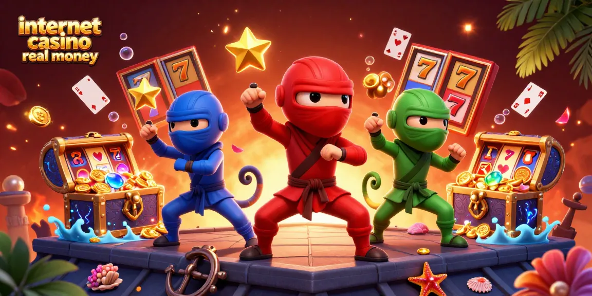 Experience the action of internet casino real money with a vibrant 3D illustration of ninja chameleons battling for fortune.