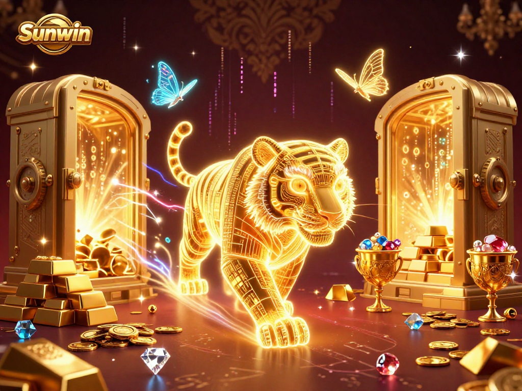 Feel the excitement of Sunwin's dynamic casino scene with a glowing tiger and treasures.
