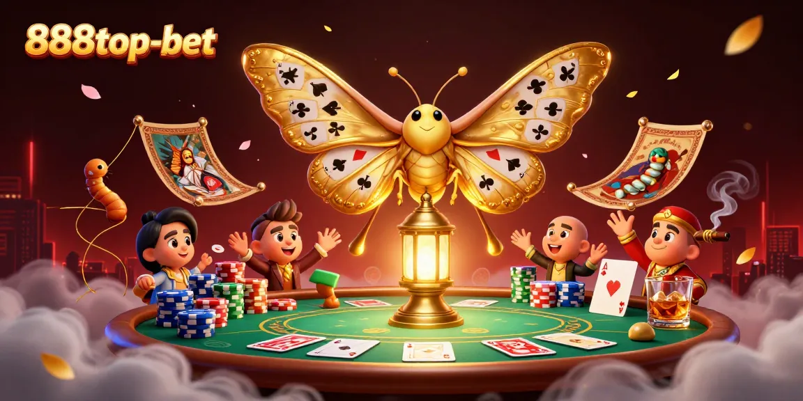 Experience the excitement of 888top-bet with a vibrant casino scene featuring a unique atlas moth and poker elements.