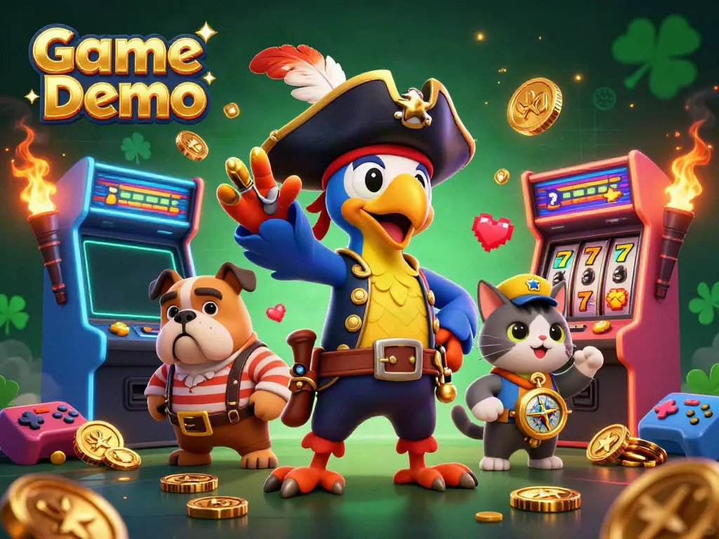Engage with thrilling Game Demo simulations featuring a vibrant pirate scene with arcade elements.