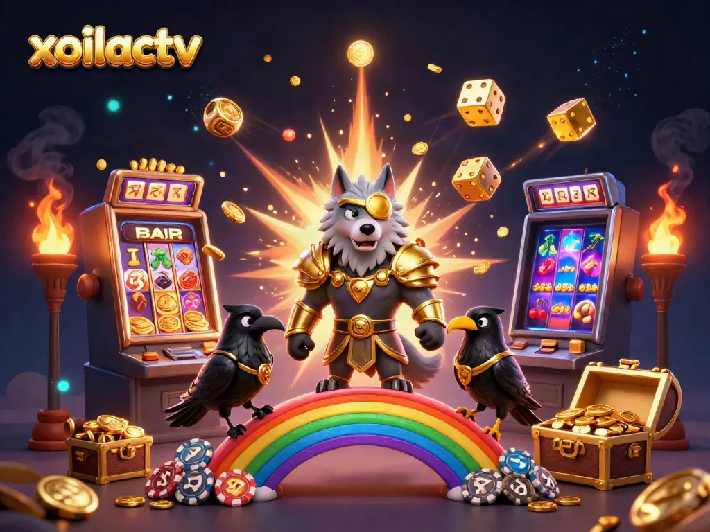 Join the excitement of xoilactv with a dynamic gaming scene filled with slot machines, coins, and vibrant action.