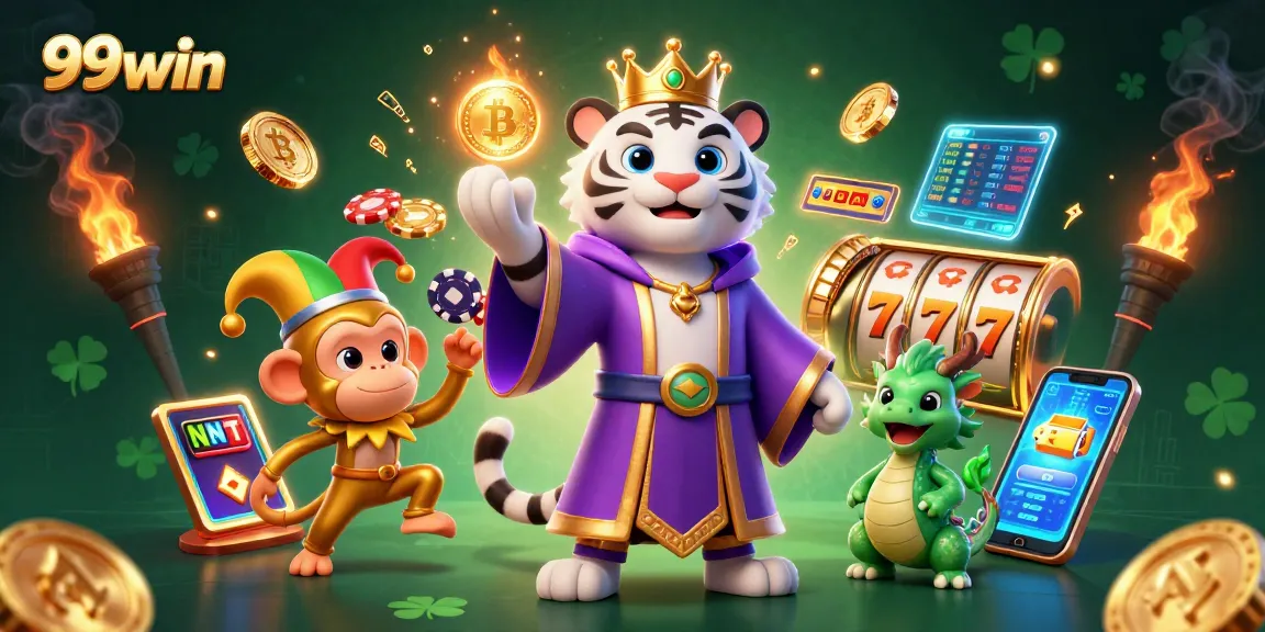 Experience the excitement of 99win with vivid casino elements and characters bringing luck!
