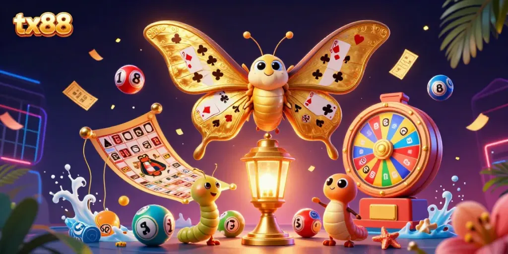 Experience thrilling gaming with tx88: a 3D illustration of a golden-winged moth surrounded by vibrant casino elements.