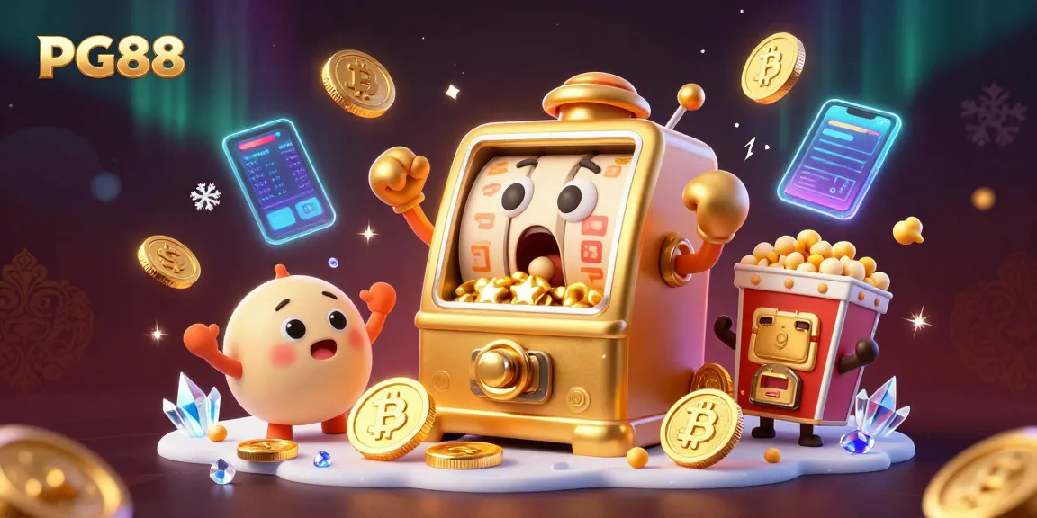 Feel the excitement of PG88 as a golden slot machine celebrates its jackpot amidst colorful crypto coins and cheering sidekicks.