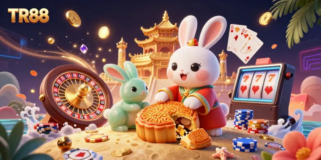 Experience TR88's thrilling casino gaming with vibrant characters and dynamic elements in a lively scene.