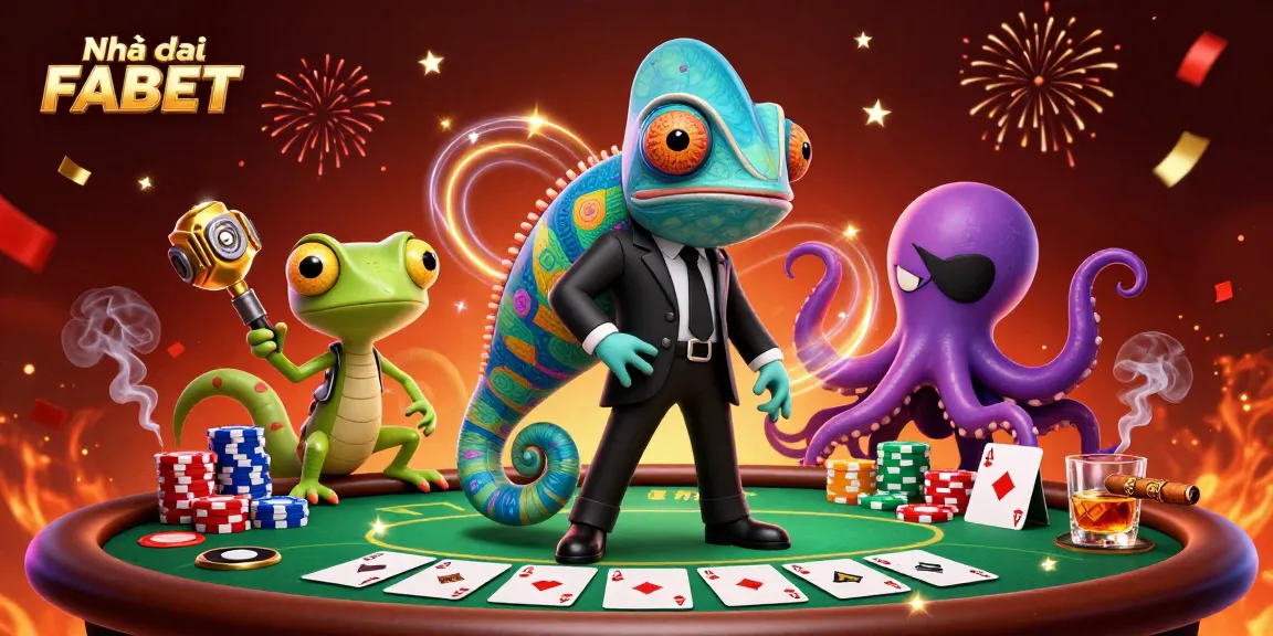 Engaging scene of Nhà cái FABET showcasing poker strategy with a chameleon and gecko in vibrant illustration.