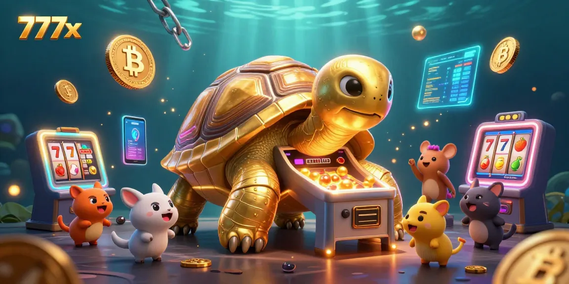 Engage with immersive 777x gaming featuring a colossal tortoise pinball machine among vibrant slot elements.