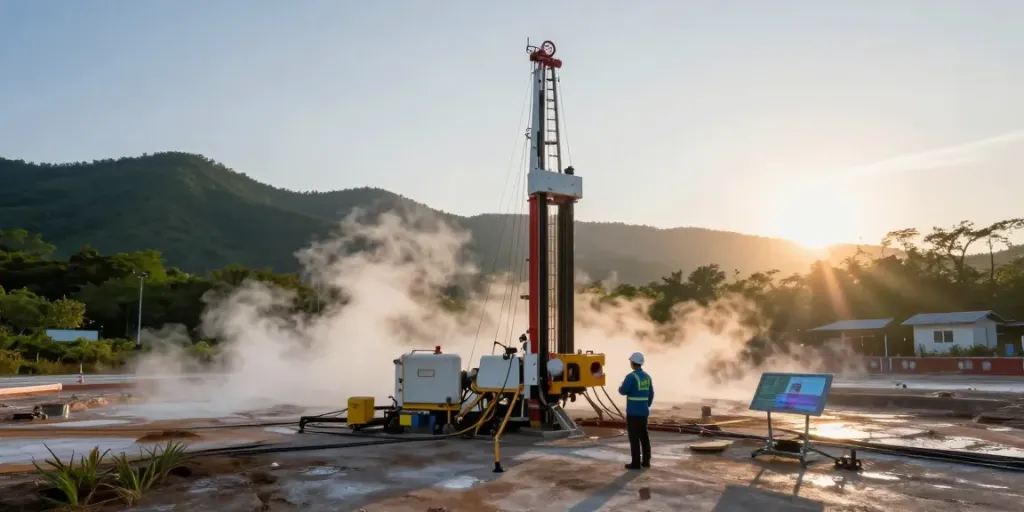 Geothermie-Experte analysiert Geothermie-Bohrstelle in harmonischer Landschaft.