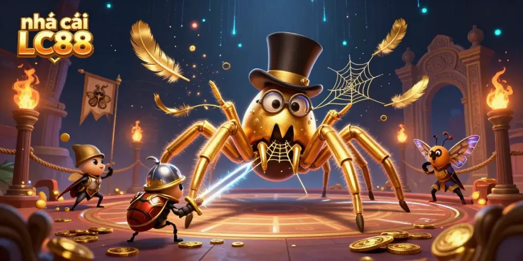 Engaging illustration of nhà cái LC88 featuring a giant tarantula and knight in a vibrant casino scene.