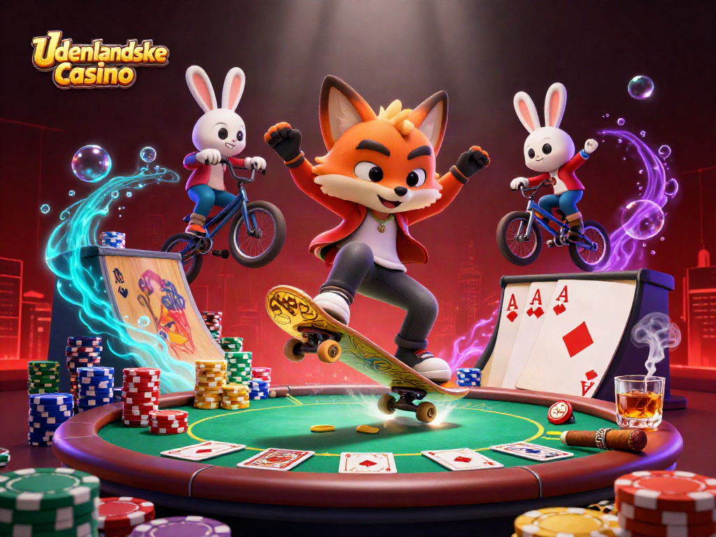 Engage with udenlandske casino excitement featuring a skateboarder fox and BMX rabbit in a lively gaming scene.