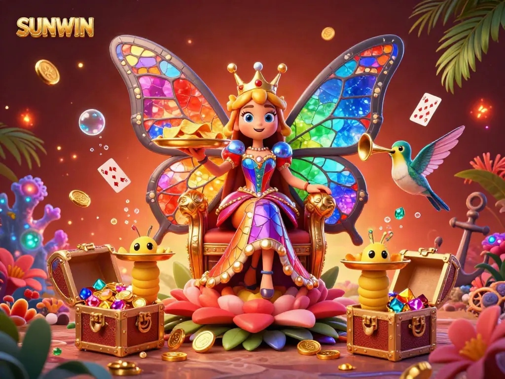 SUNWIN game scene with a butterfly queen and caterpillars, showcasing vibrant casino elements.