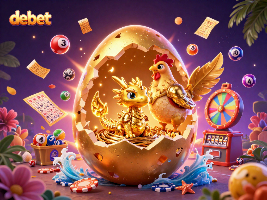 Engage in the thrilling debet experience with a golden dragon revealing poker treasures amidst vibrant casino elements.