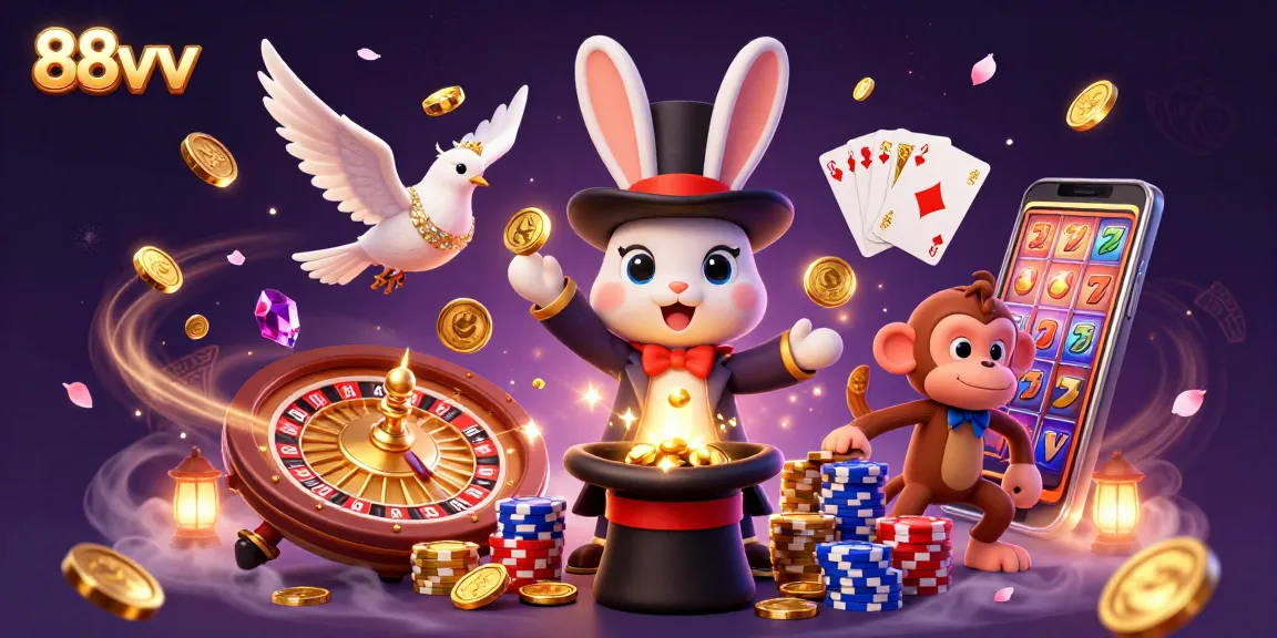 Experience the thrill of 88vv casino action with a magician rabbit, dove, and monkey in a dynamic gaming scene.
