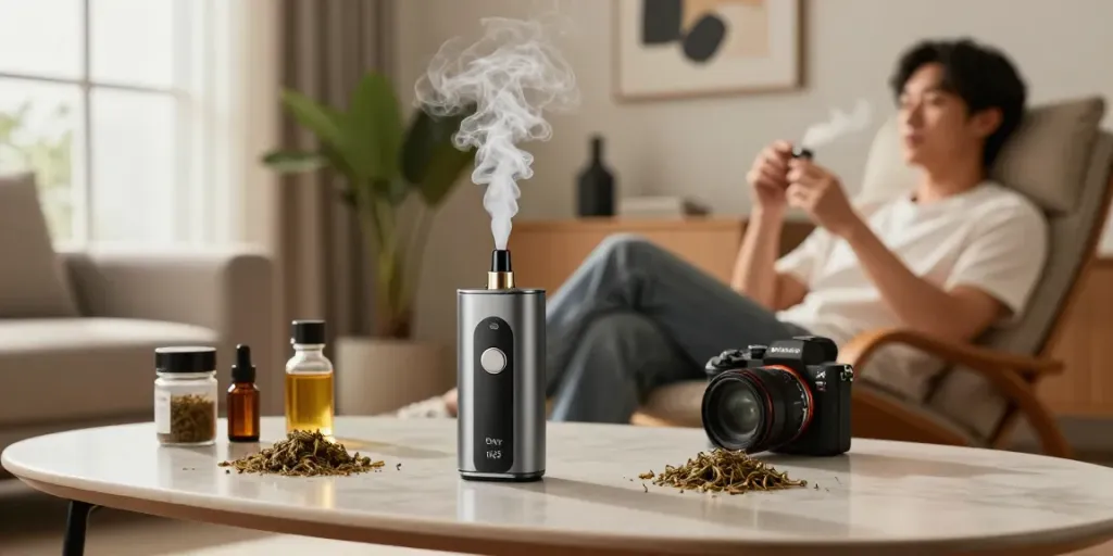 Experience the premium DaVinci IQ3 vaporizer in a stylish living room setting, showcasing herbs and accessories for a luxury vaping session.