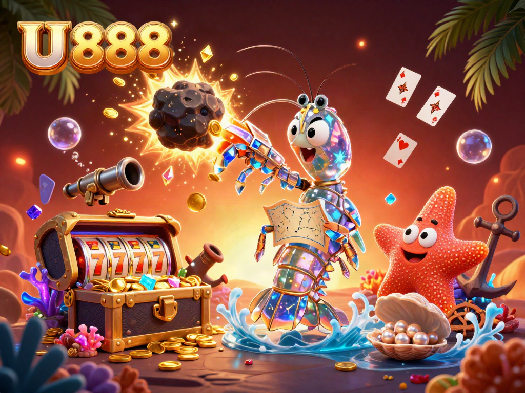 Experience U 888 gaming action with a detailed 3D illustration of characters in a vibrant scene.