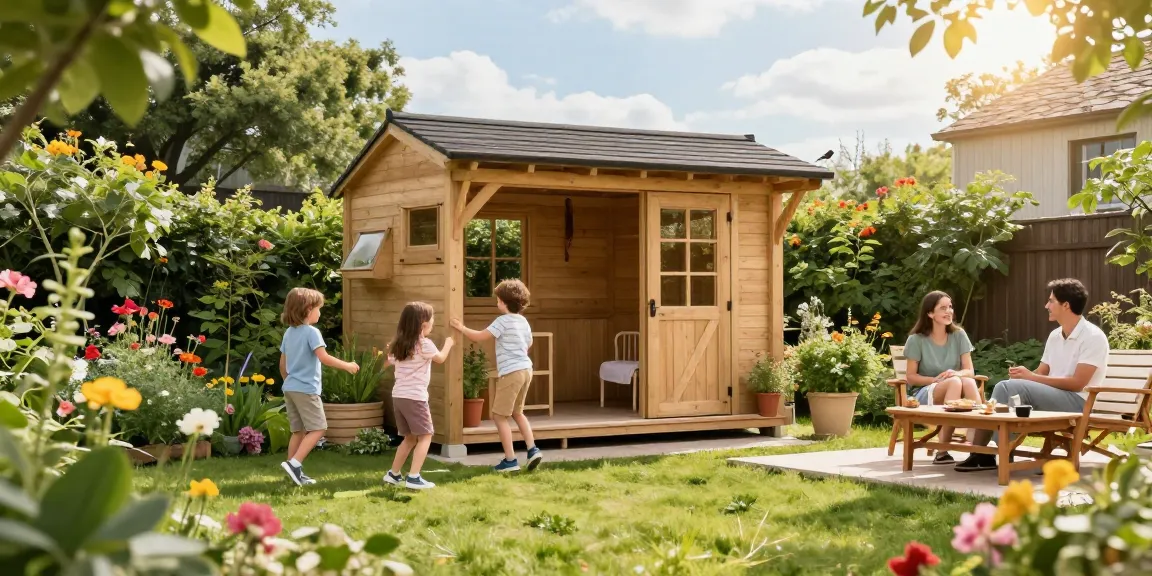 Attraktives Gartenhaus umgeben von blühenden Pflanzen und einer glücklichen Familie im Garten.