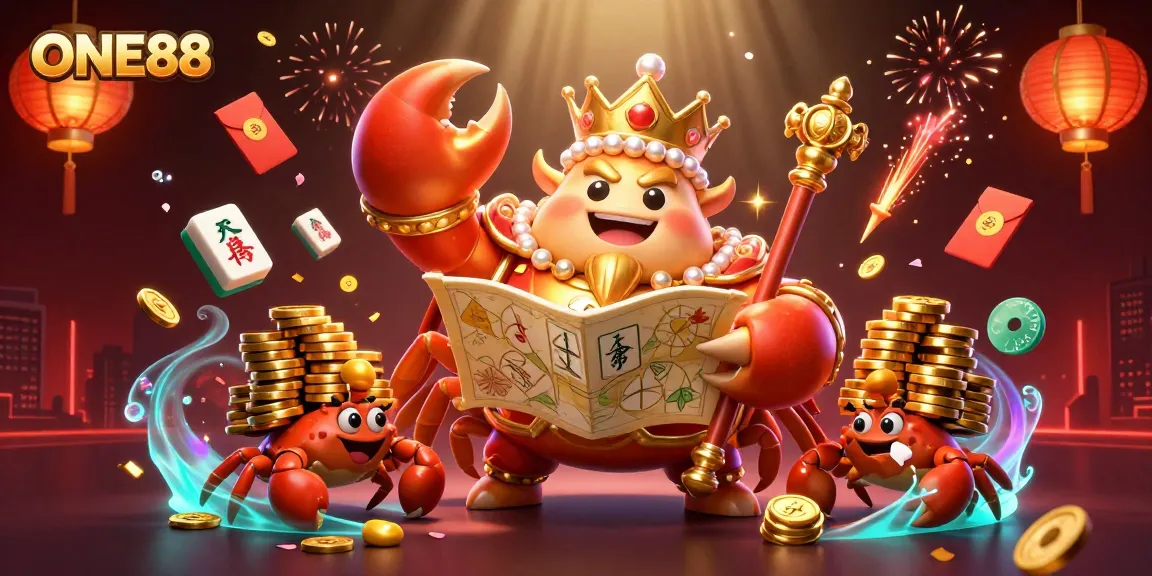 Engage with ONE88's exhilarating games in a vibrant casino scene featuring animated treasures and elements.