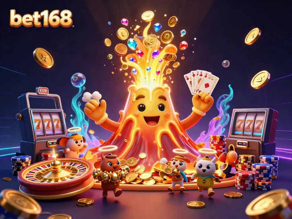 Spin and win at bet168 with golden volcano, treasure, and dynamic casino elements.