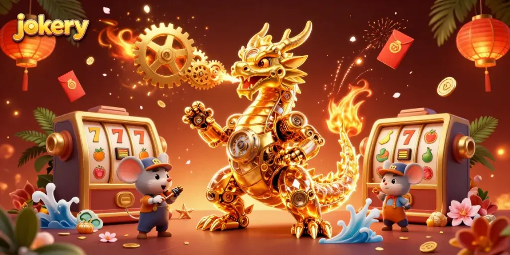 Engage with Jokery Casino's vibrant scene filled with exciting slot reels and festive elements.