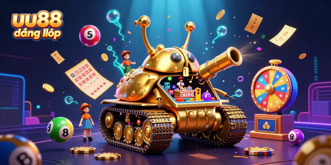 Experience a vibrant 3D casino scene with uu88 đăng nhập, highlighting a gold beetle tank casino.