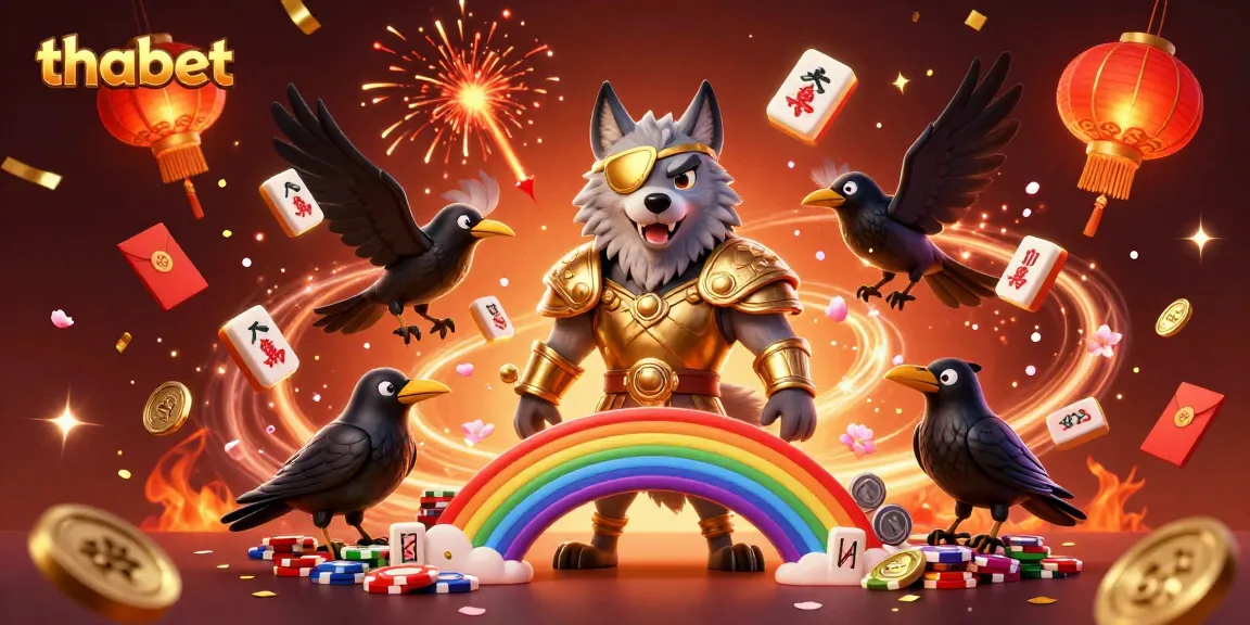 Experience thabet's vibrant casino atmosphere with Odin's wolf and glowing treasures in this dynamic scene.