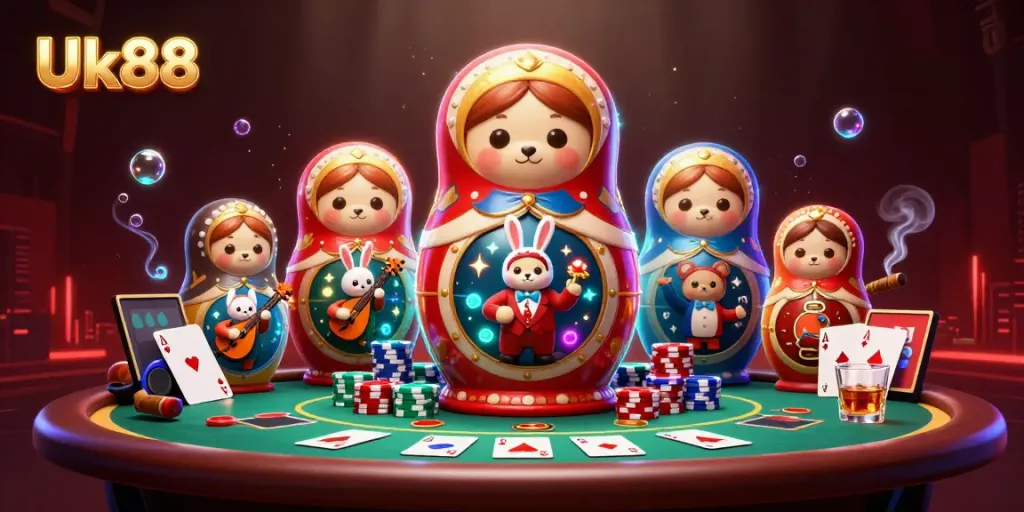 Experience thrilling gameplay at Uk88 with vibrant 3D casino-themed illustration filled with game elements.